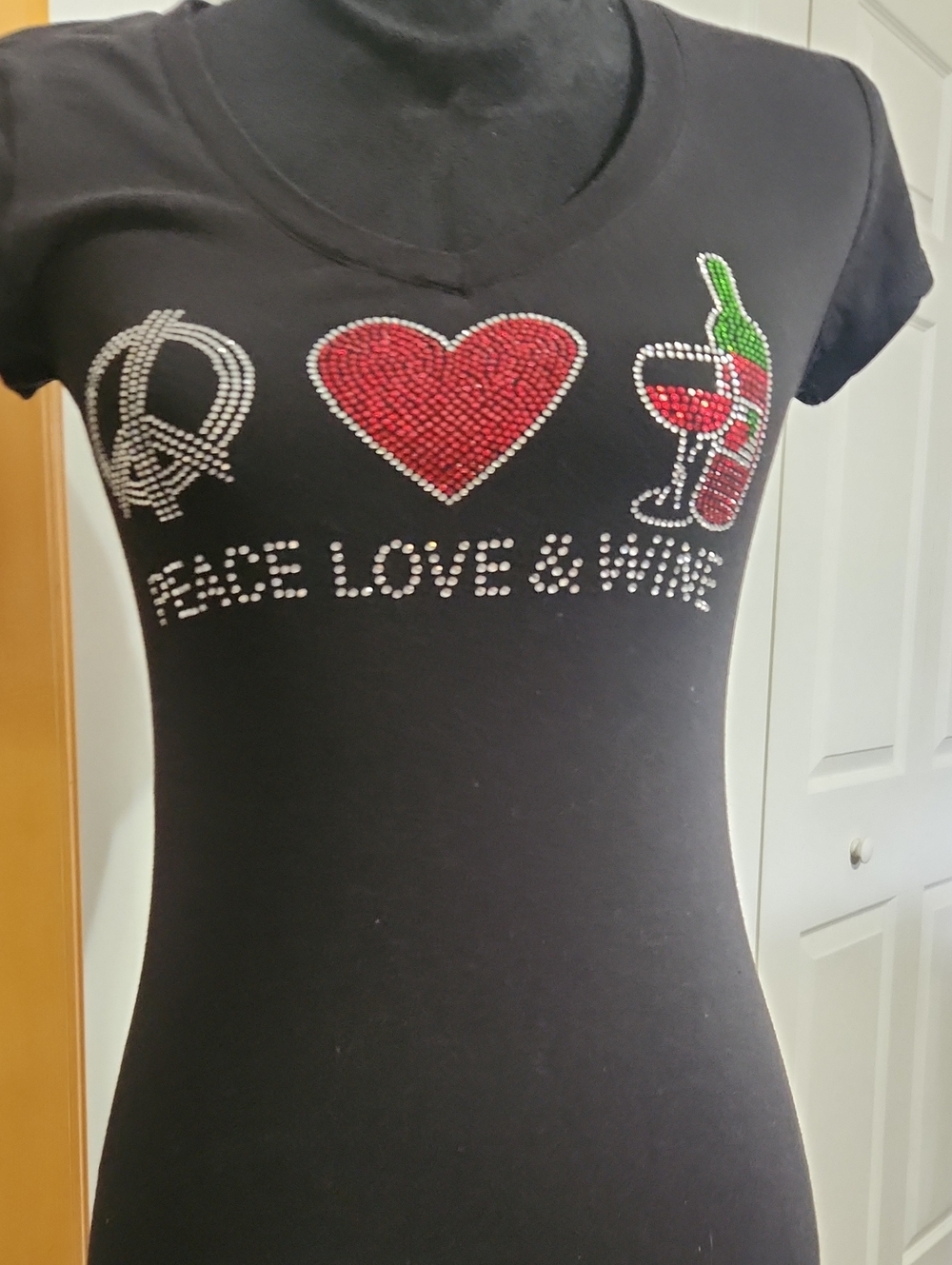 Peace Love & Wine Women's Black Rhinestone Tee